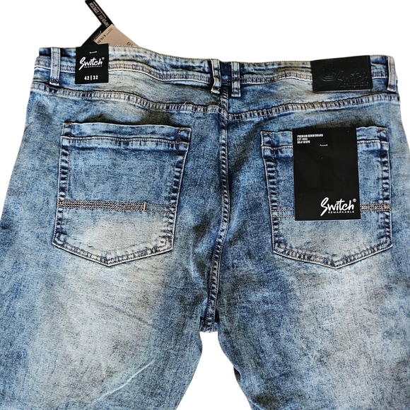 Men's Blue Slim Taper Fit Distressed Jeans with Fading - Picture 10 of 11